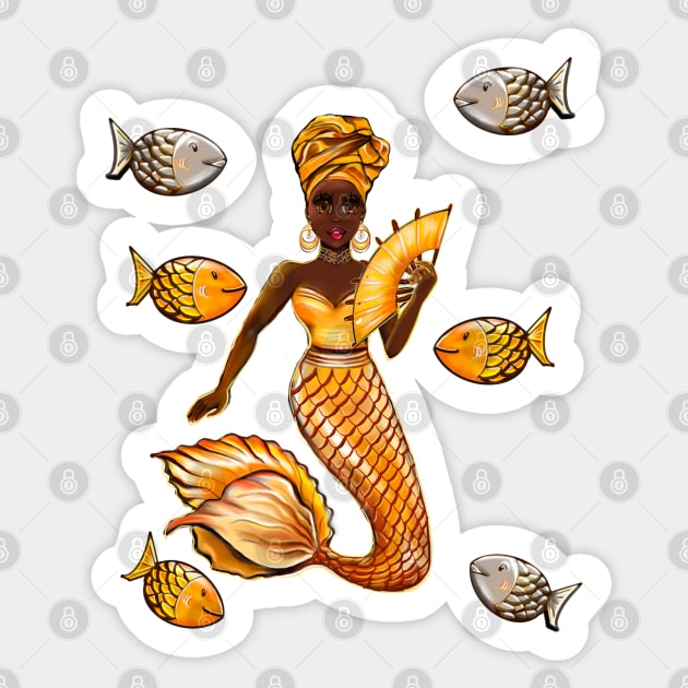 Queen Black is beautiful Anime Manga black mermaid and fishes. Gold headscarf, necklace, earrings, gold dress and head wrap, brown eyes and dark brown skin ! Sticker by Artonmytee